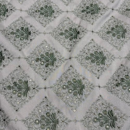 Grey Floral Diamond Sequin Embroidered Silk Fabric