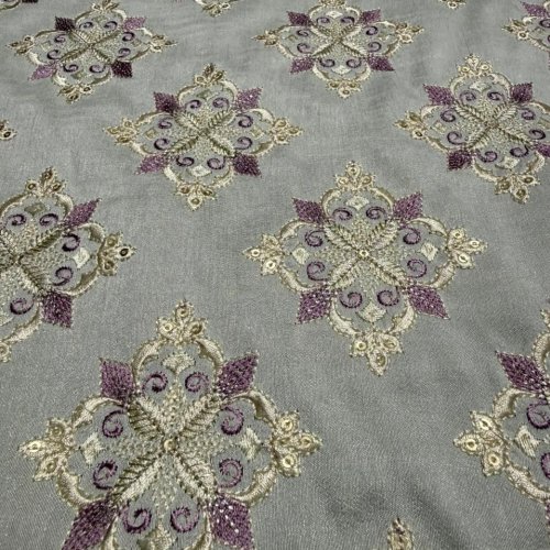 Grey &AMP; Purple Zari-Sequin Motif Embroidered Barfi Fabric