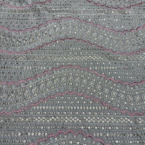 Grey Wavy Line Sequin Embroidered Silk Fabric