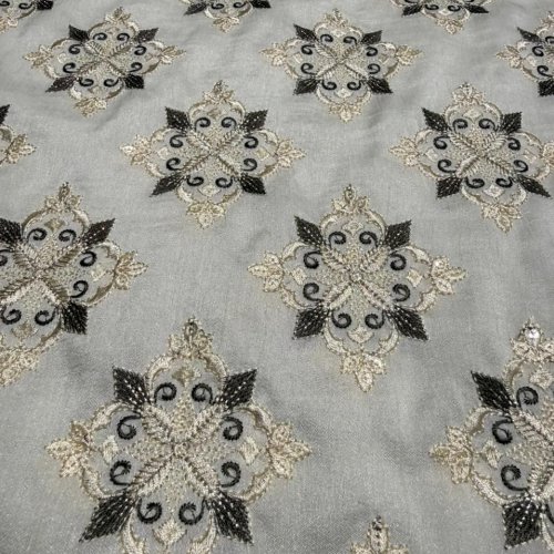 Grey Zari &AMP; Sequin Embroidered Barfi Fabric