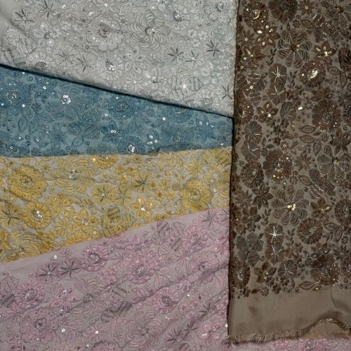 Multicolor Floral Mirror &AMP; Sequin Embroidered Royal Silk Fabric