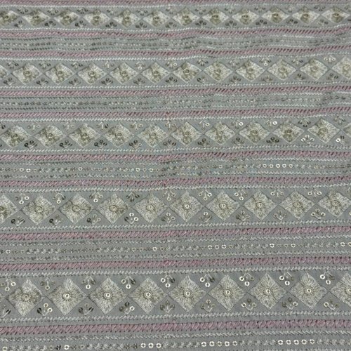 Pink &AMP; Grey Stripe Diamond Sequin Embroidered Silk Fabric