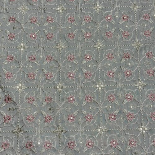 Pink Floral Grid Sequin Embroidered Royal Silk Fabric