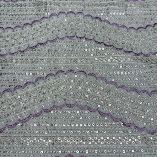 Purple Wave Sequin Embroidered Silk Fabric