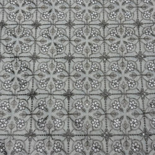 Silver Floral Grid Sequin Embroidered Royal Silk Fabric