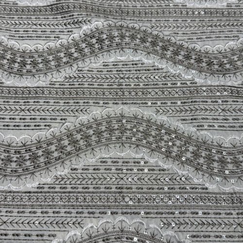Silver Wavy Line Sequin Embroidered Silk Fabric