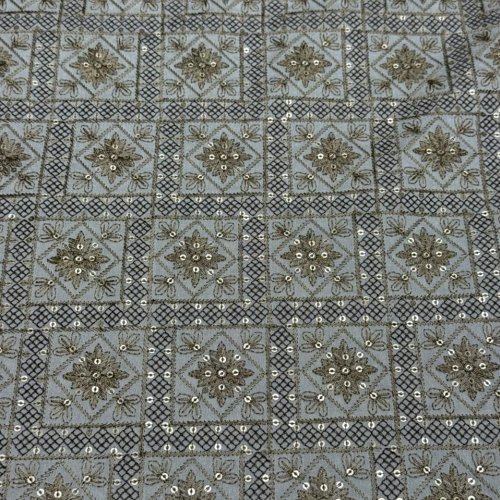 Steel Grey Diamond Sequin Embroidered Silk Fabric