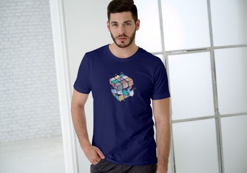 Dark Blue Men Casual Printed Cotton T-Shirt