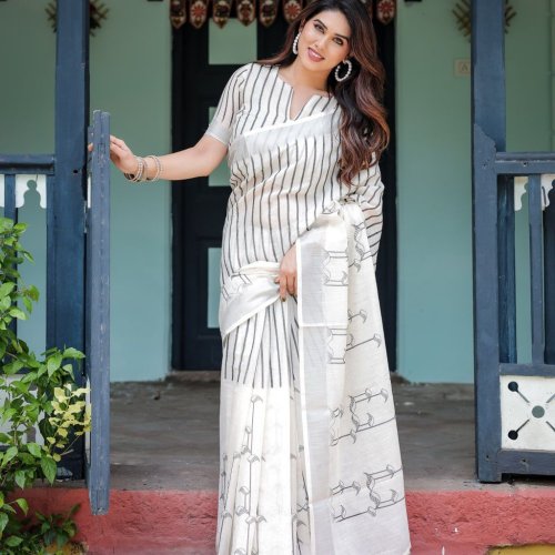 Elegant Floral Linen Cotton Saree