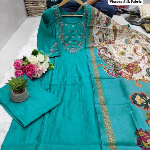 Handwork Roman Silk Kurti Pant Dupatta Set