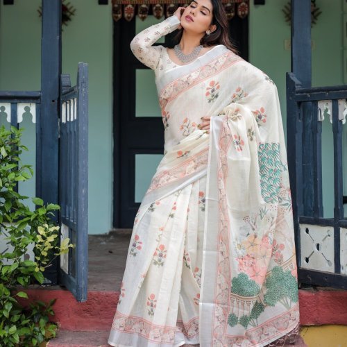 Linen Cotton Floral Saree