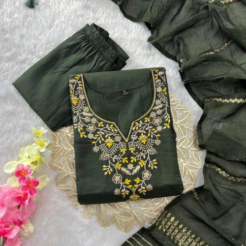 Mehndi Green Cotton Silk Ladies Kurti Pant Set