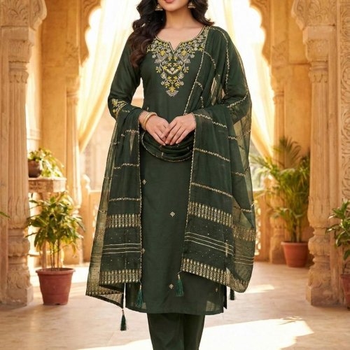 Mehndi Green Roman Silk Ladies Kurti Pant Set