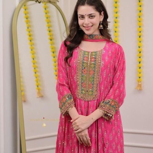 Purple Pink Chinon Kurti Set with Dupatta