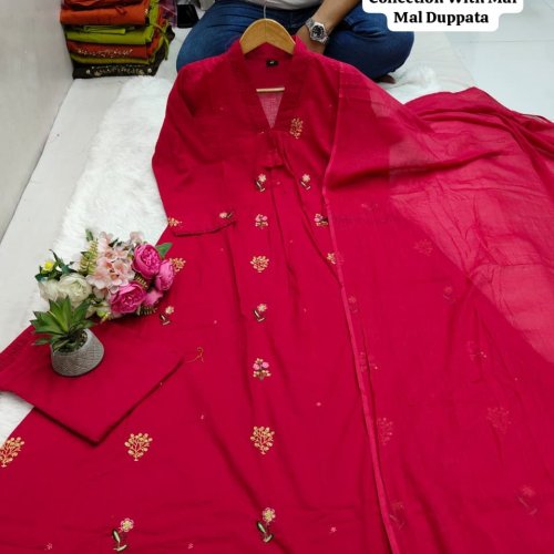 Thread Work Cotton Kurti Pant Dupatta Set