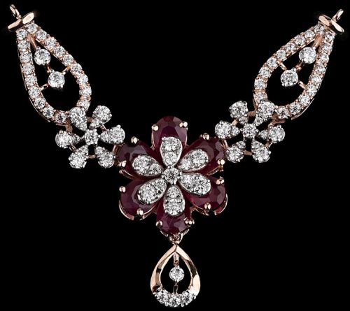 18k Gold Floral Gemstone Mangalsutra with Diamond Halo