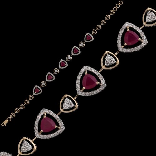 18k Gold Oval Ruby and Diamond Halo Bracelet