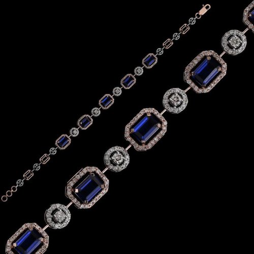 18k Rose Gold Emerald Cut Sapphire Diamond Bracelet