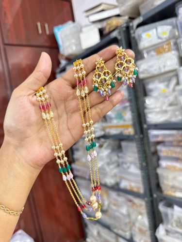 Ladies Gold-Plated Pearl &AMP; Multicolored Bead Necklace Set