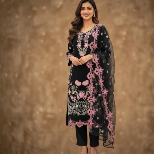 Ladies Black Embroidered Organza Fabric Suit
