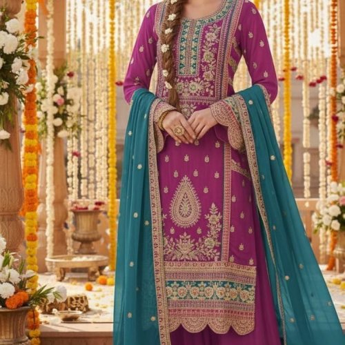 Ladies Embroidered Chinon Festive Suit Set