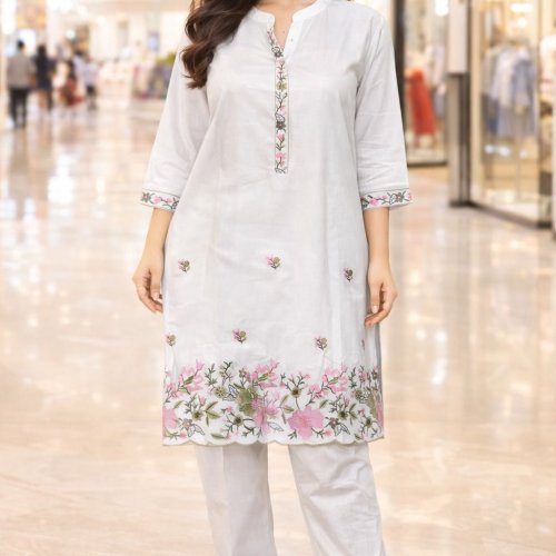 Ladies Floral Embroidered Rayon Cotton Co-Ord Set