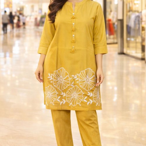 Ladies Muslin Floral Embroidered Coord Set