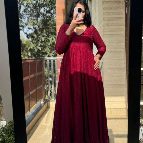 Maroon Cotton Long Maxi Gown