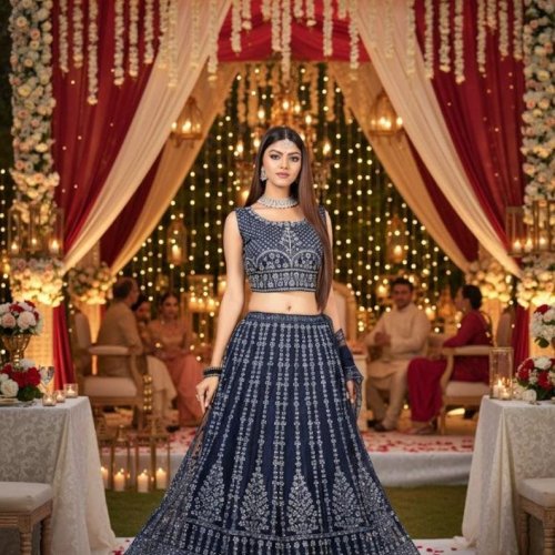 Ladies Navy Blue Embroidered Lehenga Choli Set