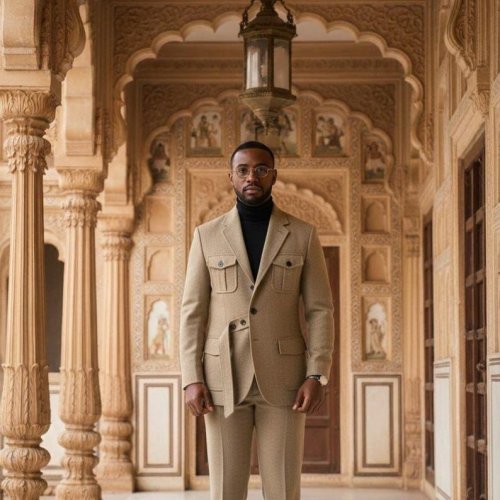 Mens Beige Pocketed Slim Fit Suit