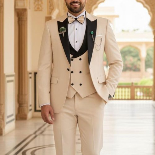 Mens Beige Slim Fit 3 Piece Wedding Tuxedo Suit