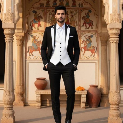 Mens Black &AMP; White Contrast 3 Piece Tuxedo Suit
