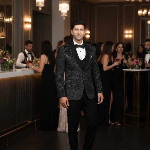 Mens Black Textured Slim Fit Tuxedo Suit