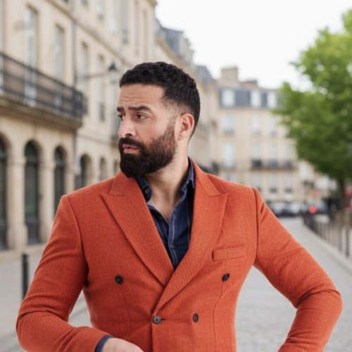Mens Burnt Orange Wool Blend Double Breasted Blazer