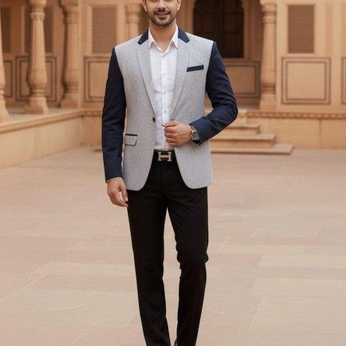 Mens Grey Slim Fit Party Wear Blazer