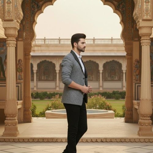 Mens Grey Textured Slim Fit Blazer Set