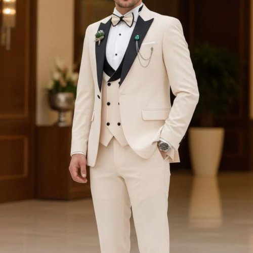 Mens Ivory Black Lapel 3 Piece Wedding Tuxedo Suit