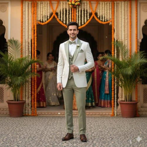 Mens Ivory Sage Green 3 Piece Wedding Party Suit