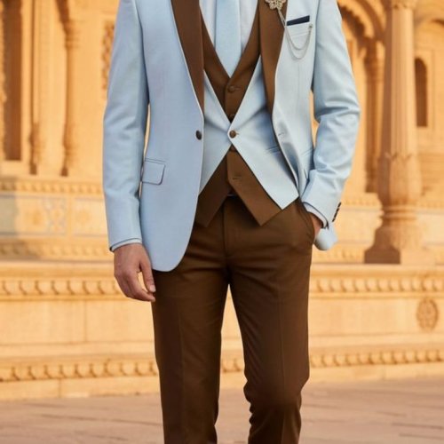 Mens Light Blue Slim Fit 3 Piece Wedding Tuxedo Suit