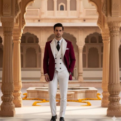 Mens Maroon 3 Piece Wedding Groom Suit