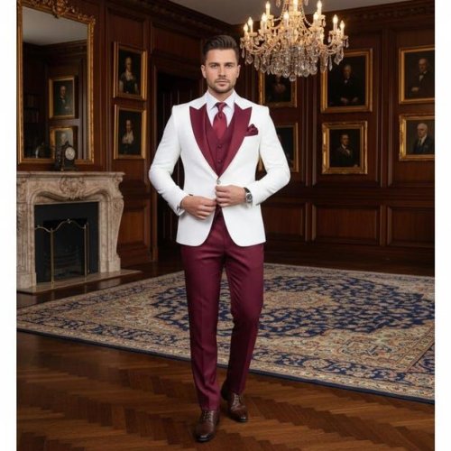 Mens Maroon 3 Piece Wedding Party Suit