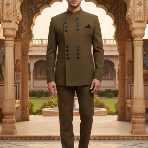 Mens Olive Green Slim Fit Jodhpuri Suit