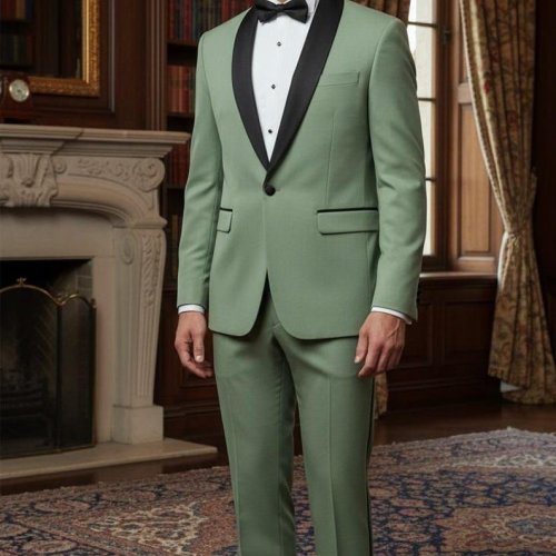 Mens Sage Green &AMP; Black Satin Shawl Lapel Tuxedo Suit