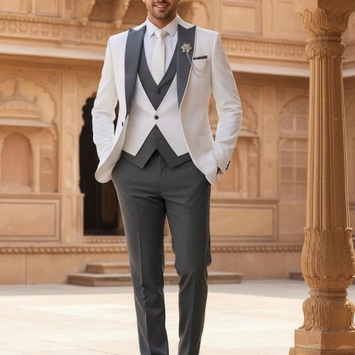 Mens White 3 Piece Wedding Tuxedo Suit