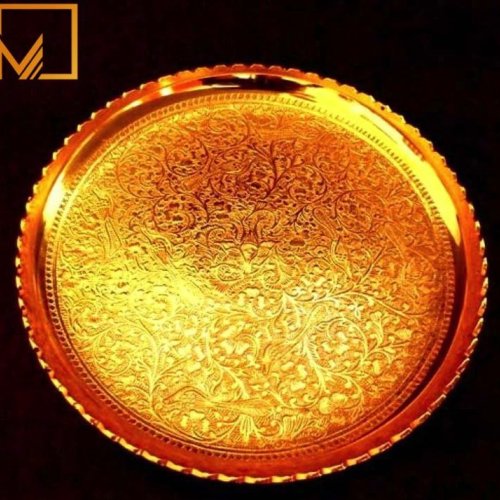 Golden Brass Embossed Round Decorative Tray