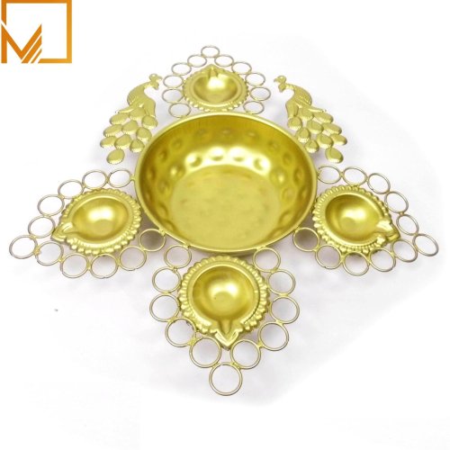 Golden Peacock Diya Urli Bowl