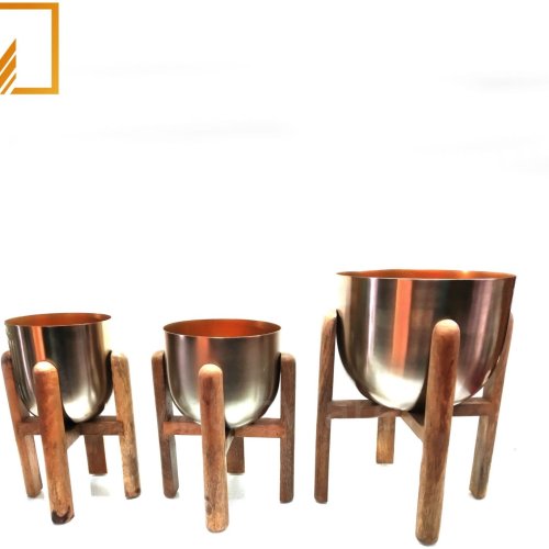 Round Brass Vase with Wooden Planter Stand Set