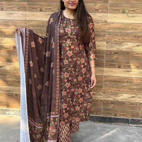 Browm Resham Weaving Ladies Woollen Suit