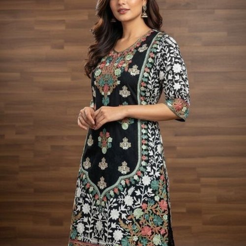 Ladies Floral Panel Georgette Long Kurti