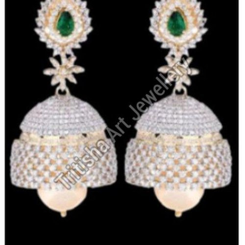Silver Emerald Studded Jhumka Earrings